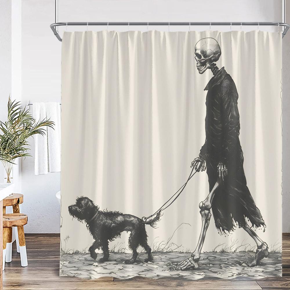 Funny Skeleton Shower Curtain Skull Happy Halloween Vintage Bathoom Decor Scary Retro Polyester Bath Curtain with Hook