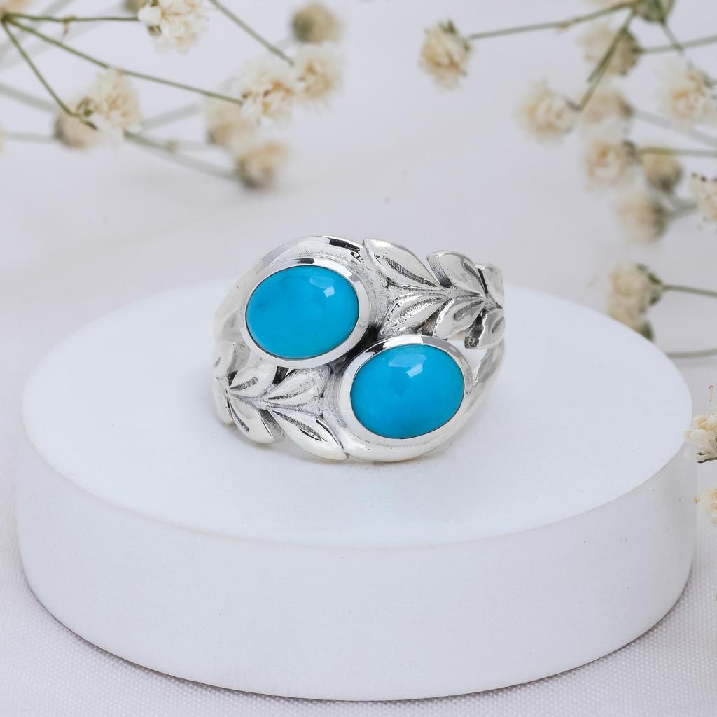 Sterling Silver Turquoise Leaf Ring – Natural Gemstone, Handmade Boho Jewelry for Women, Ring Christmas gift for Her