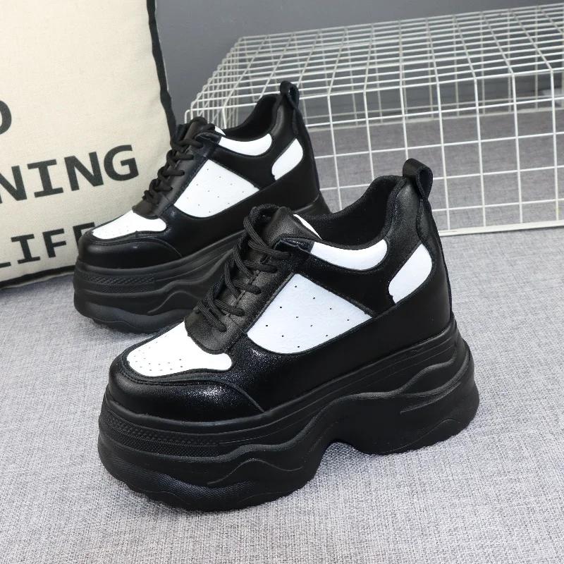 Fashion 12CM Platform Wedge Sneakers Chunky Shoes Genuine Leather for Women Summer Shoes Spring Autumn Walking Sneakers Fashion