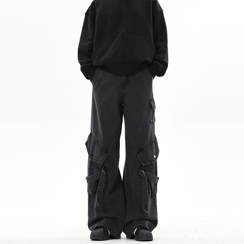 Unisex Vintage Black Distressed Wide-Leg Workwear Jeans with Multi-Pockets - High Street Punk Style