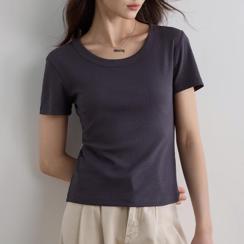 Damen Sommer 2025 Schlank geschnittenes geripptes U-Ausschnitt T-Shirt - Vielseitig Große Größen, Hohe Elastizität, Kurzarm Basis-Top
