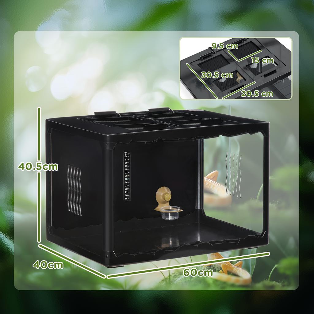 Terrarium for Tortoises and Reptiles with Thermometer 18-34℃, 60x40x40.5 cm, Black