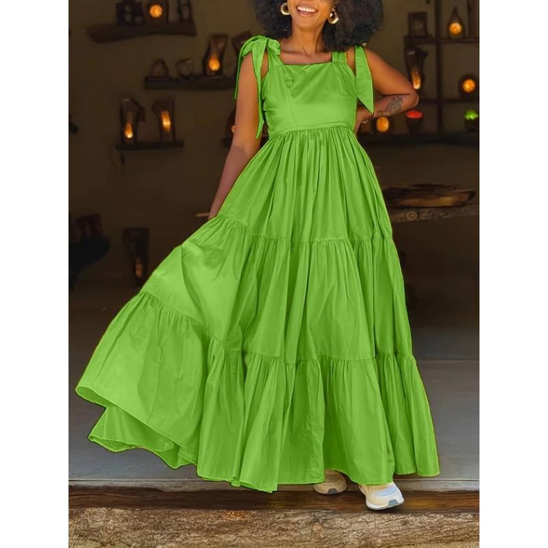 

Трансграничный 2025 Amoi Fashion Милые банты Шнуровка Большой клёш Отделка талии Бретели-спагетти Торт Длинное платье Платье Green M