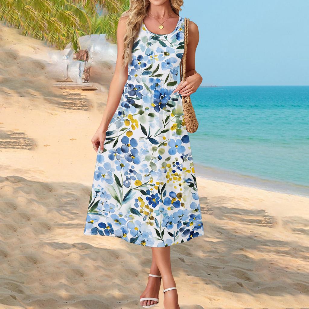 Fashionable women's summer dress with floral print, flowy casual , perfect for beach vacations, sundress with pockets.