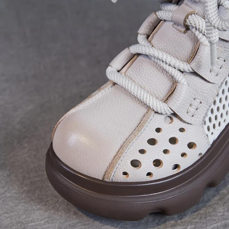 Johnature Genuine Leather Hollow-out Short Boots Mesh Breathable Thick Soled Women's Shoes