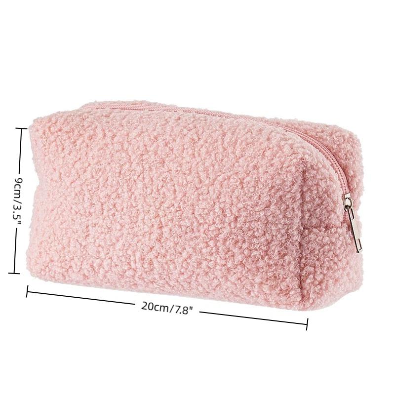 Geantă de machiaj drăguță de pluș pentru femei, portabilă de călătorie, genți cosmetice mici, culoare uni, cu fermoar, geantă de toaletă, săculeț de spălat, genți de depozitare