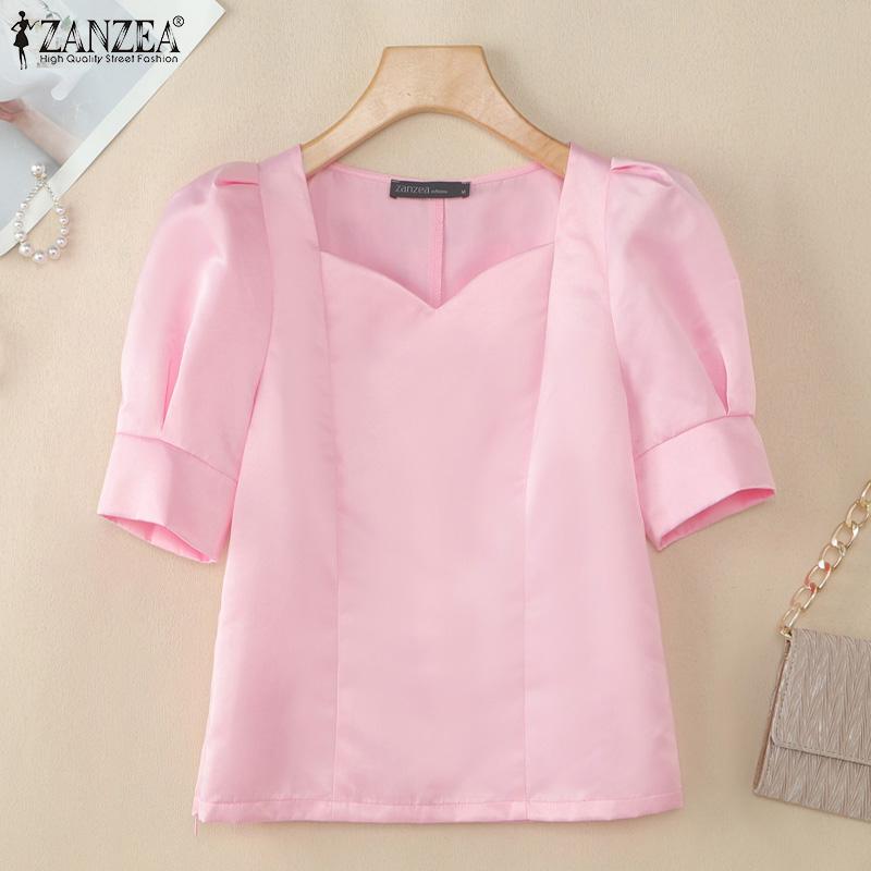 ZANZEA Womens Summer Casual Short Sleeve Satin Blouse