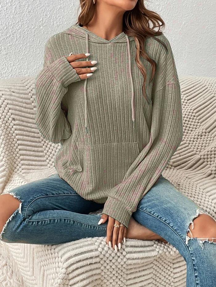 2023 Autumn/Winter European & American Knit Hooded Ribbed Kangaroo Pocket Long Sleeve Sweatshirt