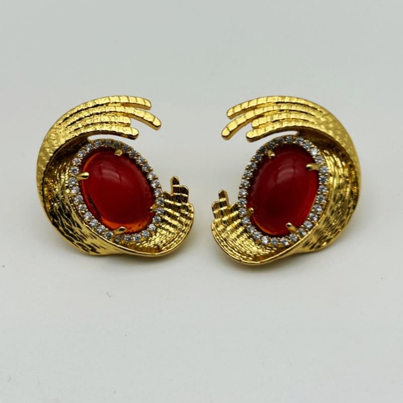 Средневековые Винтажные Винтажные Латунные Гальванизированные Настоящим Золотом Инкрустированные Агатом Симметричные Серьги Серьги в Придворном Стиле