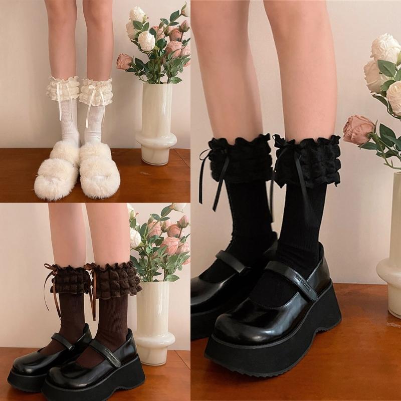 1 Pair Princess Style Dress Socks for Girls Sweet Frilly Socks Ballet Socks Ruffle Ankle Socks with Bows Lace Top Sock