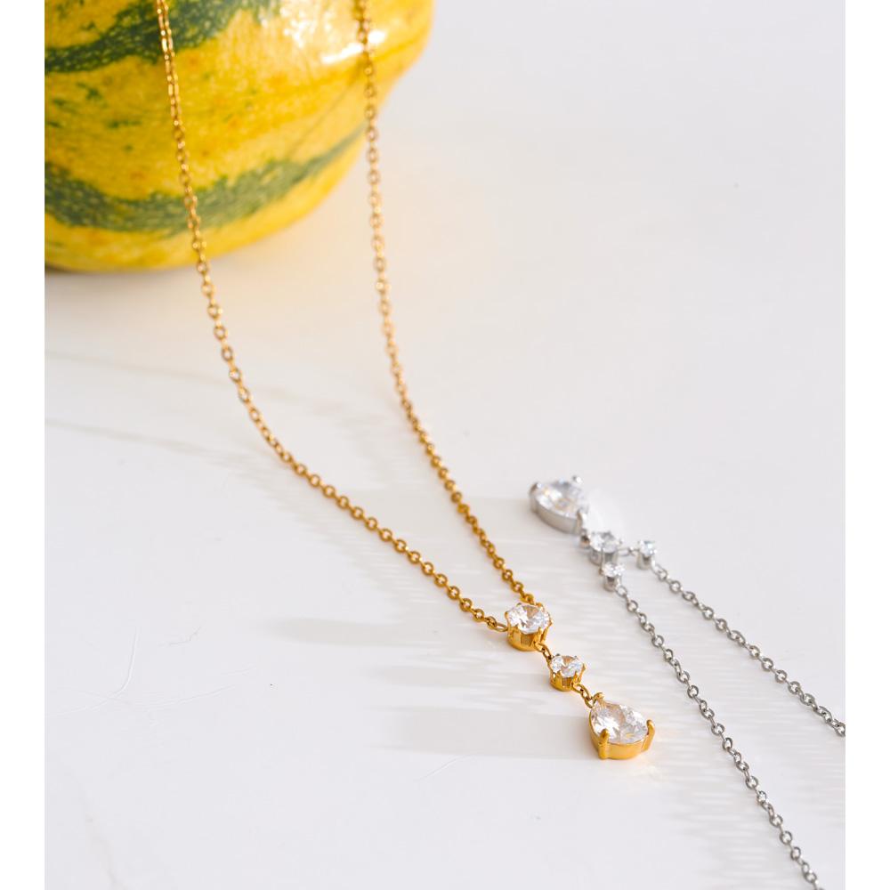 Yhpup 2 Style Stainless Steel Cubic Zirconia Water Drop Pendant Necklace Delicate Daily Shiny Premium Collar Jewelry Accessories