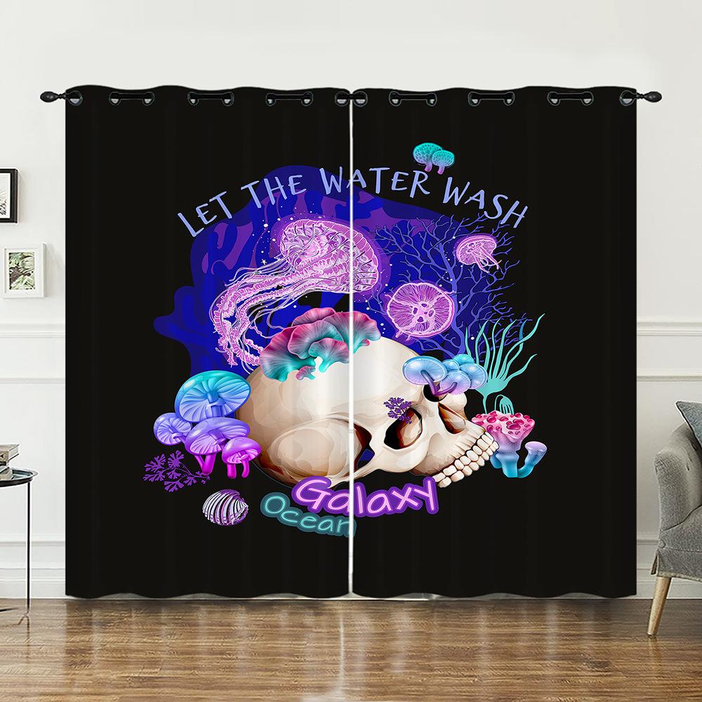 Curtains Skull Black Sunshade Bedroom Living Room Digital Printing Curtains Blackout Free Punching