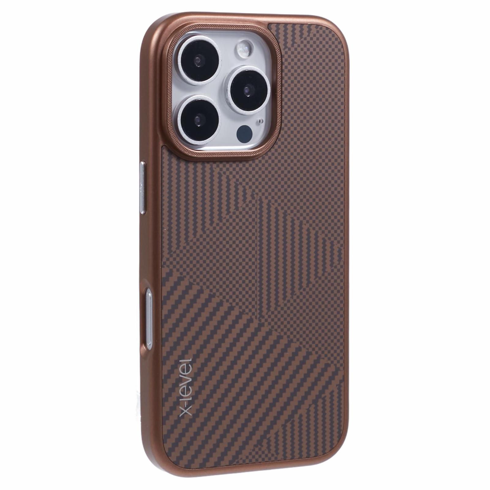 

X-LEVEL Чехол для iPhone 16 Pro Max Жесткий ПК Чехол для телефона Текстура углеродного нановолокна Сращивание Titanium Gold