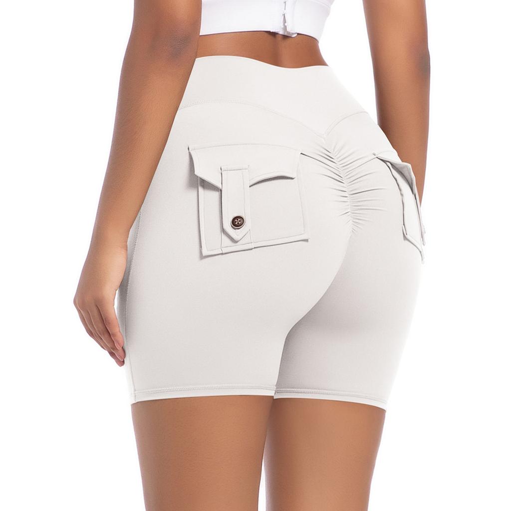 Workwear Pocket Tight Shorts Women's High Waist Elastic Hip Lifting Button Yoga Pants Speed Drying Running Fitness Pants