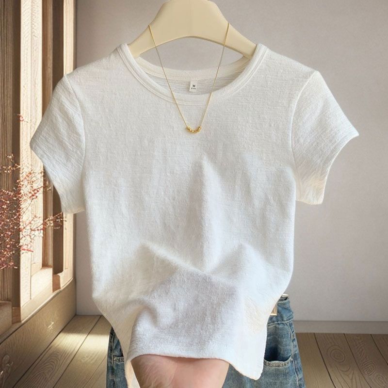 Summer Cotton Linen Round Neck Printed T-shirt Casual Short-sleeved Fashion New Style Slim Top