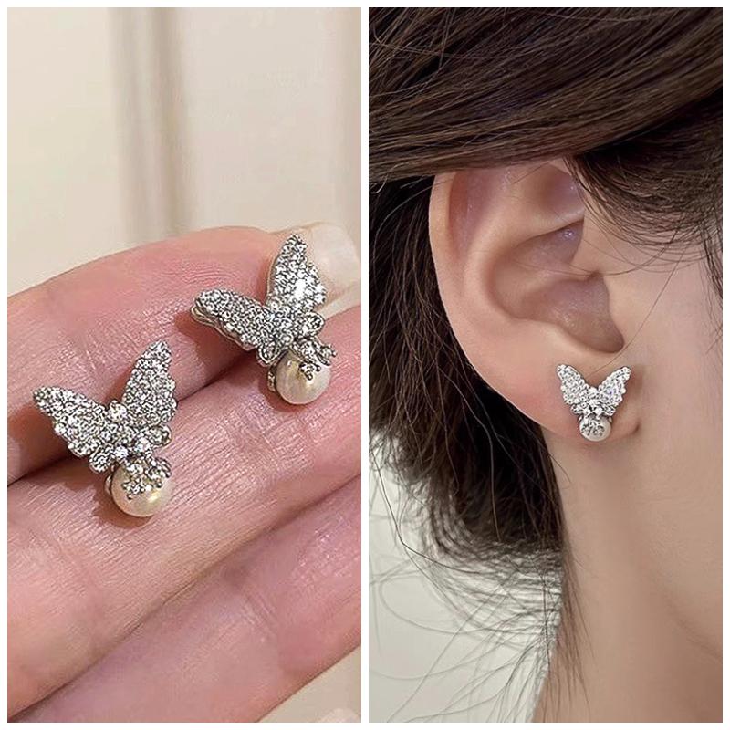 Huitan New Copper Color Butterfly Stud Earrings with Simulated Pearl for Women Inlaid Dazzling Cubic Zirconia Exquisite Zircon