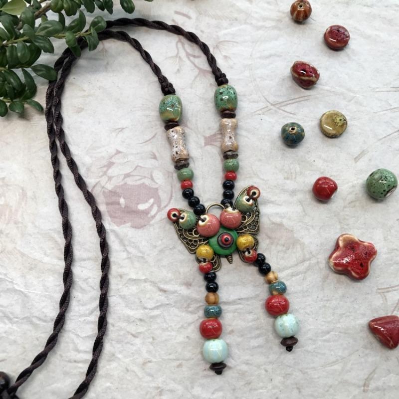New Forest handmade ceramic necklace, women's retro versatile sweater chain simple long accessories pendant