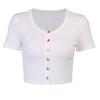 Summer Ribbed Tops Sexy Colorful Buttons T Shirt Short Sleeve Crop Top