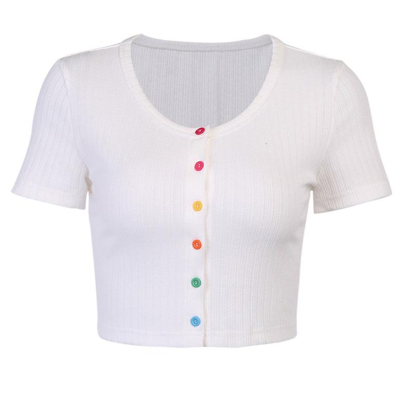 Summer Ribbed Tops Sexy Colorful Buttons T Shirt Short Sleeve Crop Top