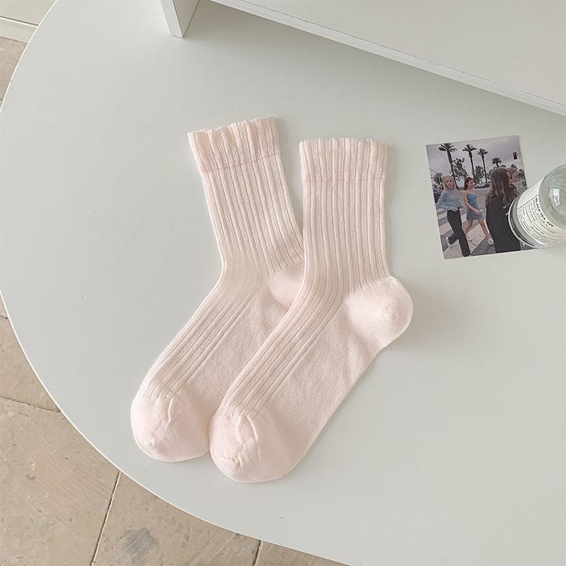Korean Style Women Socks Summer Cotton Thin Breathable Middle Tube Socks Solid Color White Gray Pink Blue Yellow Long Socks Sox