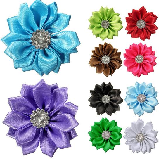 10 stk 4 cm satengbånd blomster skinnende rhinestone applikasjoner DIY bryllupshåndverk