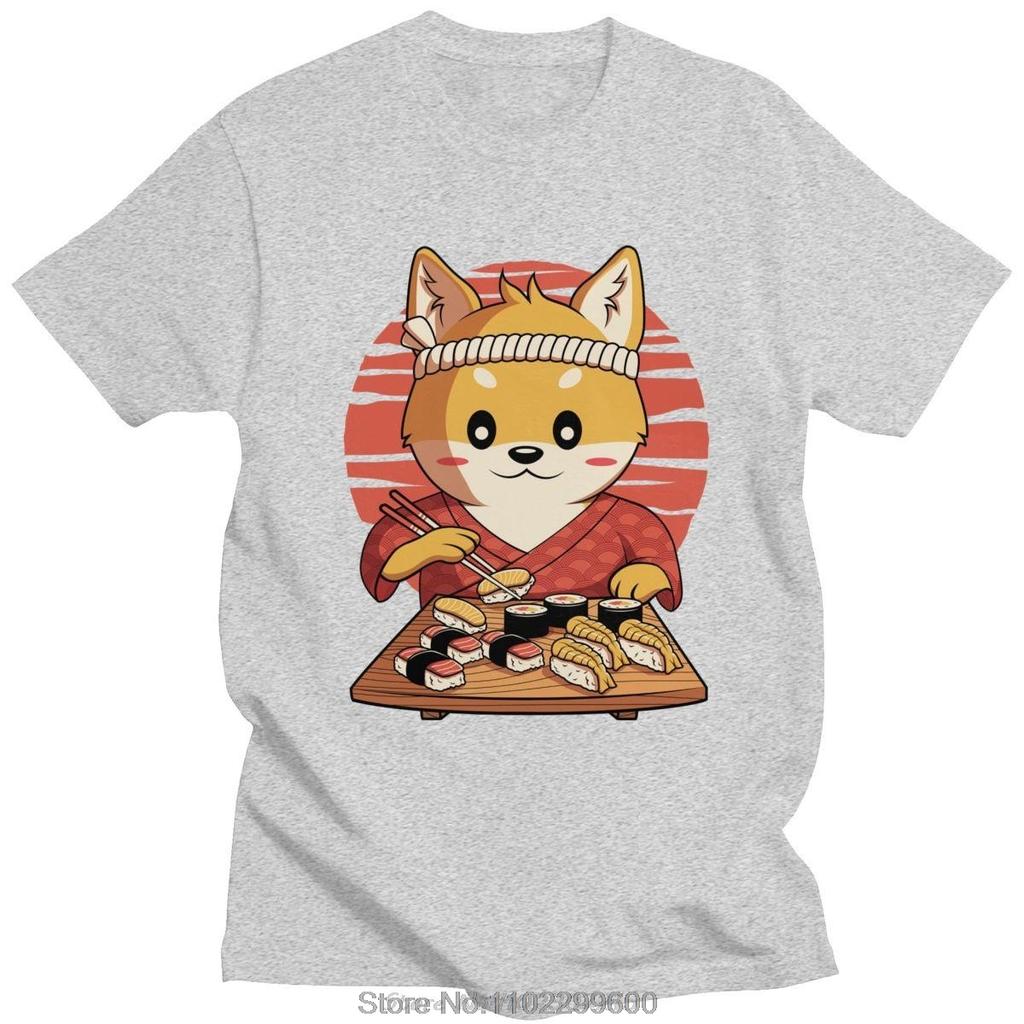 Trendy Kawaii Shiba Inu Dog T Shirt Short Sleeve Funny Eating Japanese Sushi Anime Tshirt Pure Cotton Graphic Tops Streetwear