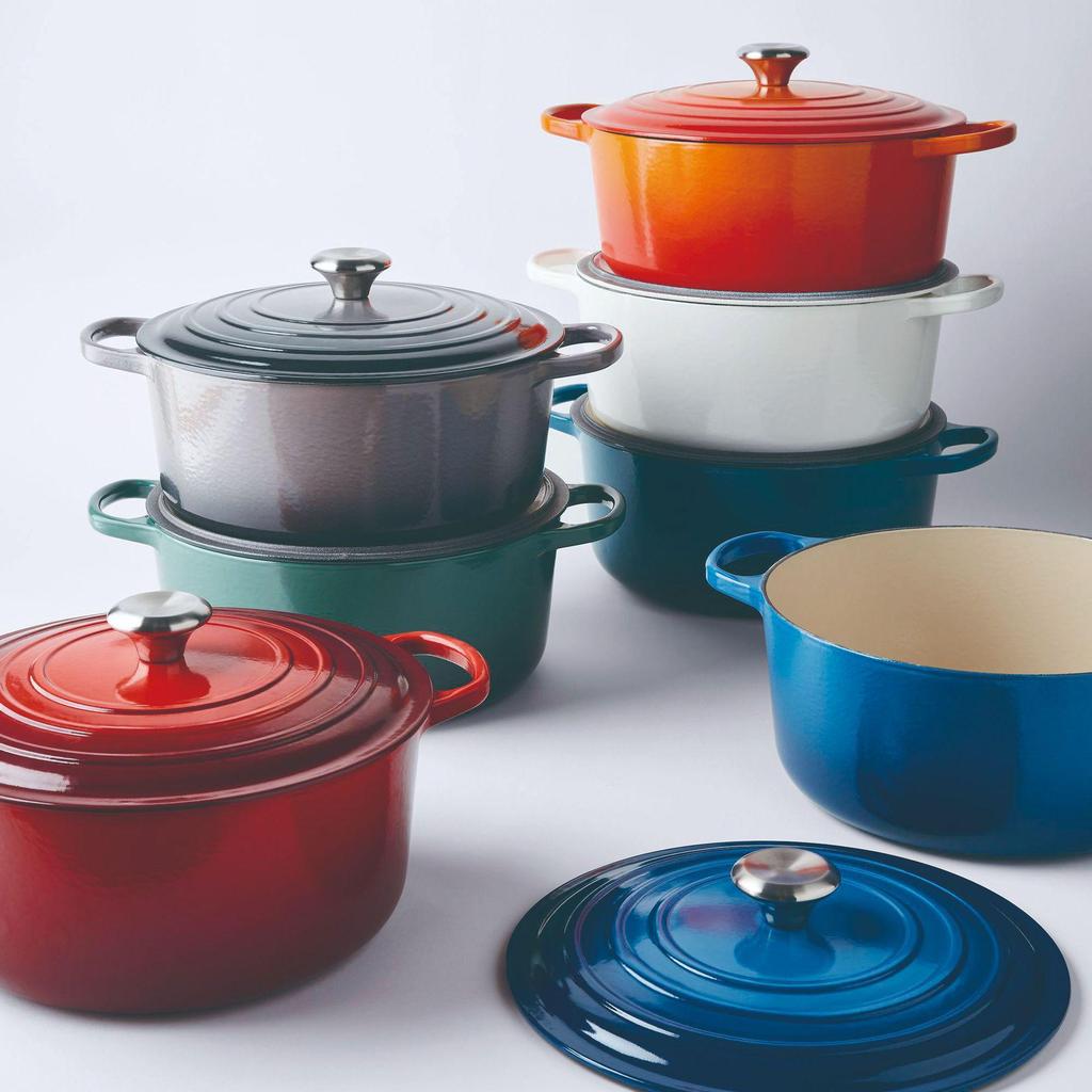 Emaljerat gjutjärn 7-delars set: Soppgryta, Mamma-gryta, Stekpanna, Non-stick-panna