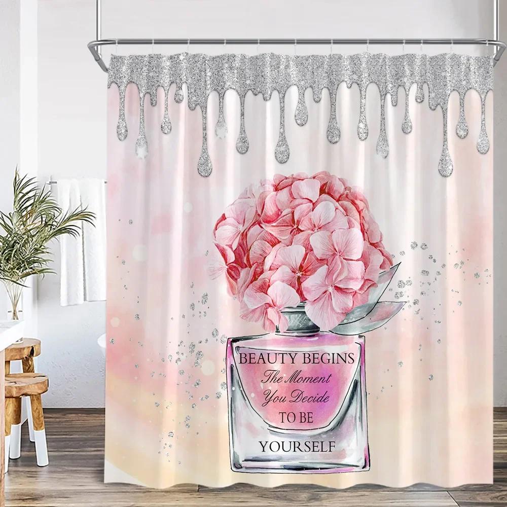 Pink Perfume Bottle Shower Curtain Pink Flower Cosmetic Pattern Bathroom Decoration Modern Fashion Shower Curtain with Hook