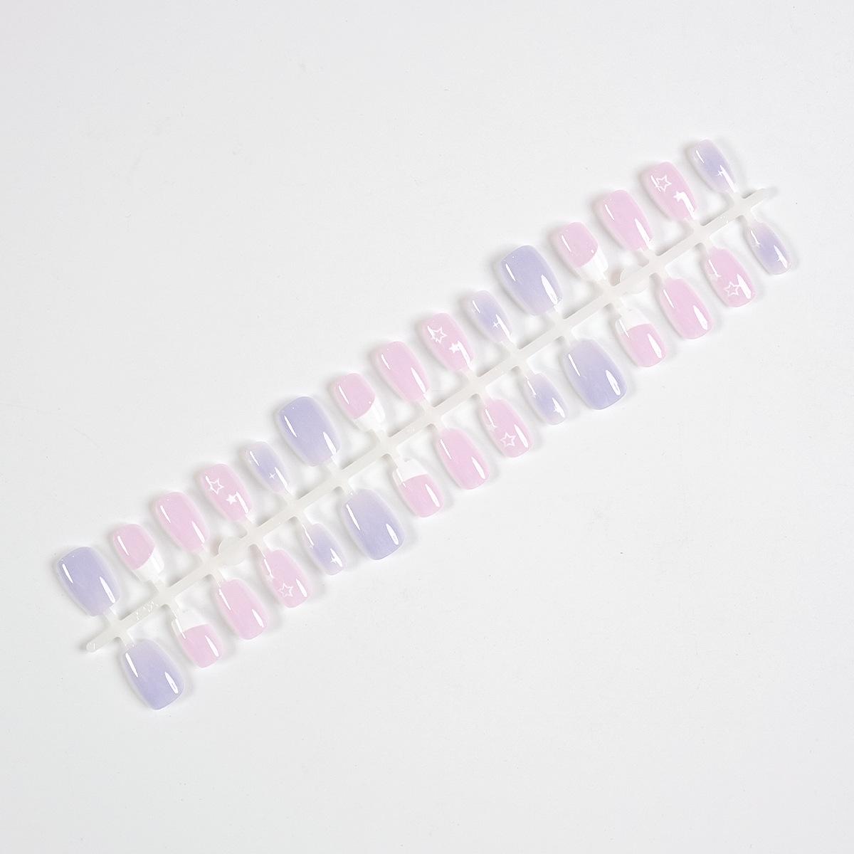 30-Piece Pink & Purple Gradient Short Square Nails with Hand-Painted Star French Tips