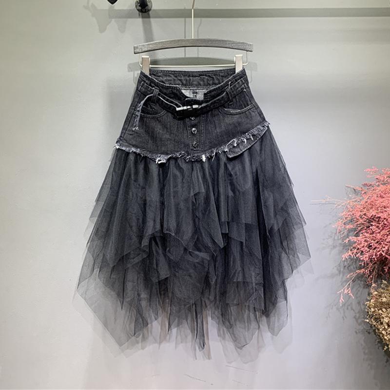 Moda Donna Gonna Denim Patchwork Rete Vita Alta A Linea Asimmetrica Volant Tulle Gonne Gotiche
