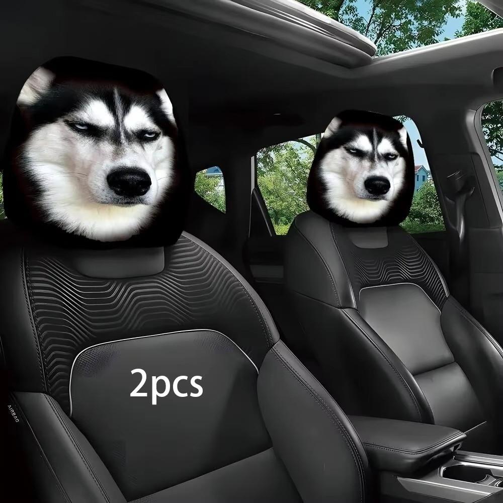 2Pcs Funny Skeptical Face Car Seat Headrest Protector Husky Headrest Covers  Vehicle Seat Accessory