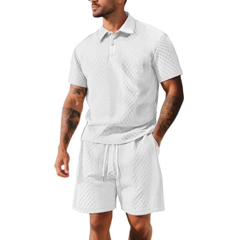 Mens Casual Two Piece Outfit Textured Polo Shirt And Shorts Set