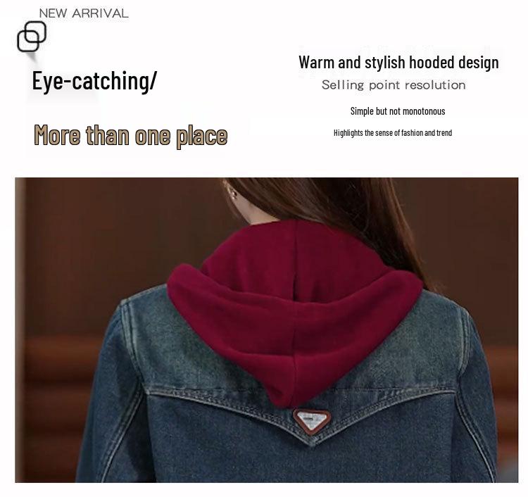 Women's Thick Velvet Hooded Denim Jacket - Autumn/Winter 2025 Chic Casual Top