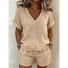 Womens 2026 Casual 2-Piece Set: V-Neck Short Sleeve Top Elastic Waist Capri Shorts Pure Color Streetwear Outfit