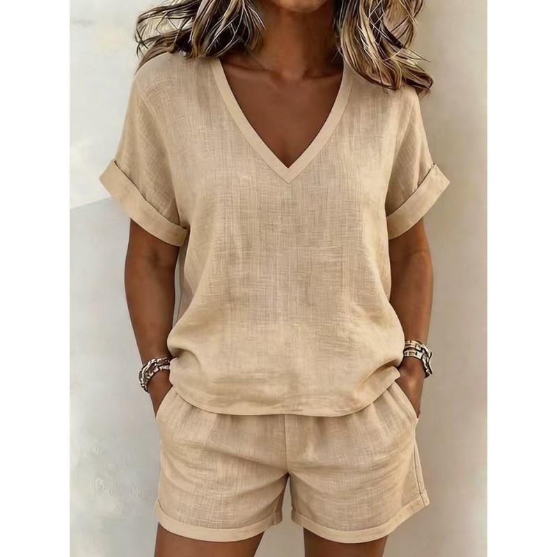 Womens 2026 Casual 2-Piece Set: V-Neck Short Sleeve Top Elastic Waist Capri Shorts Pure Color Streetwear Outfit