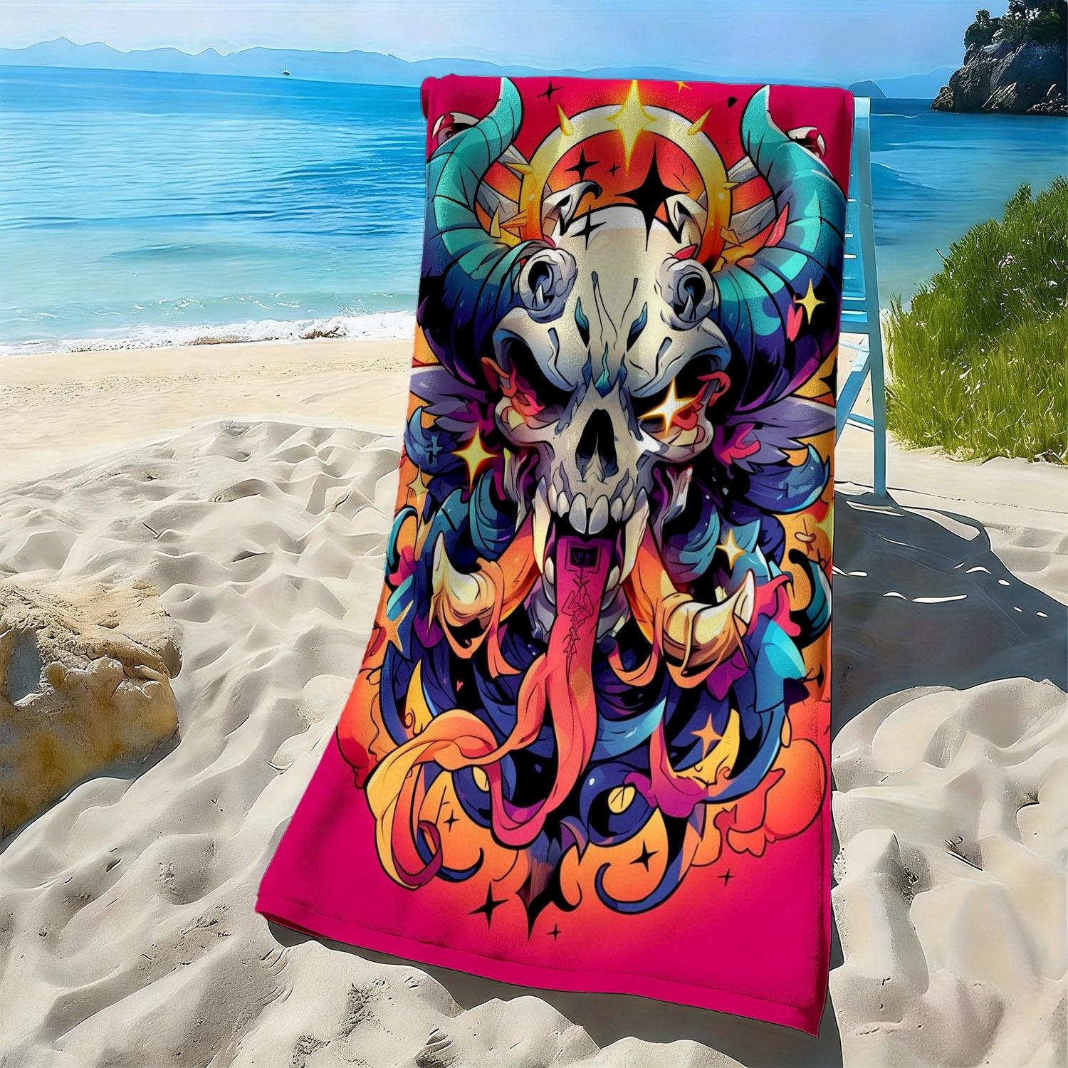 

Dark skull head with flame pattern polyester microfiber beach towel is highly absorbent, suitable for swimming and beach outings W30*H60(CM)