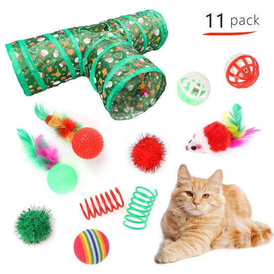 1 Set Christmas Cat Toys Cats Tunnel Rattle Ball Plush Mice Foldable 3-Way Tube Toy Interactive Play And Chew Toys for Indoor Cats And Kittens