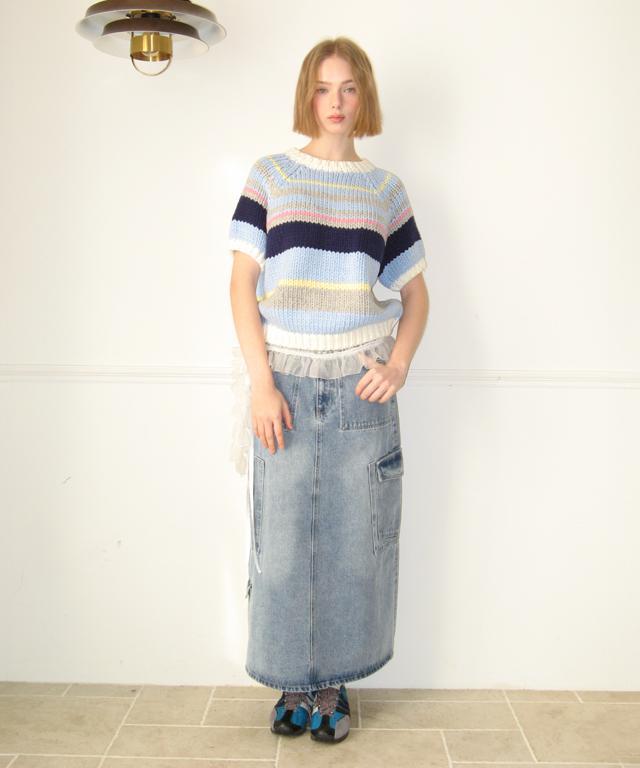 RONRON Multi Stripe Short Sleeve Knit Soft Blue