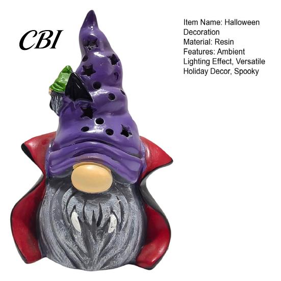 Lighted Halloween Ornaments Vampire Gnome Figurine, Resin Faceless Dwarf Statue with Purple Star Party Supplies Hat And Cape, Spooky Cute Ornament for