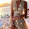 Deep V Neck Sleeveless Waist Tight Flowy Hem Sexy Dress Women Bronzing