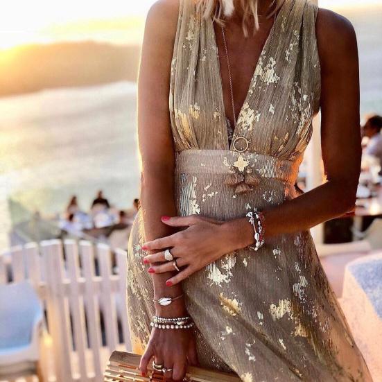 Deep V Neck Sleeveless Waist Tight Flowy Hem Sexy Dress Women Bronzing