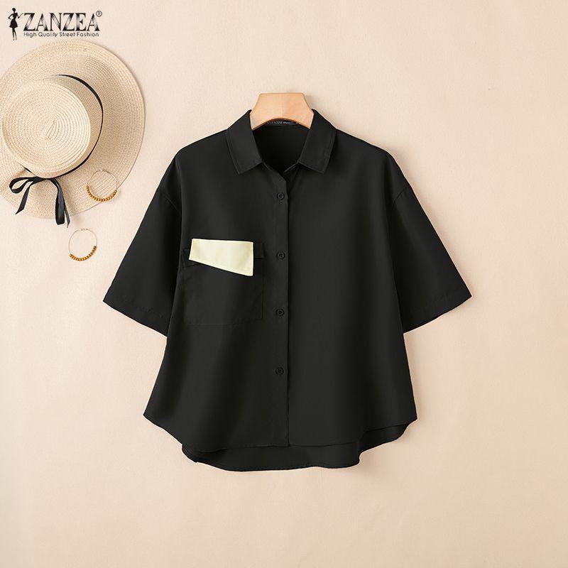 ZANZEA Blusa informal holgada de media manga con cuello vuelto para mujer