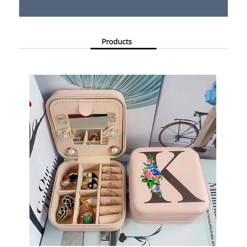 PU Leather Jewelry Box Mirror Storage Box 26 Letter Printed Portable Jewelry Organizer Earring Ring Necklace Case