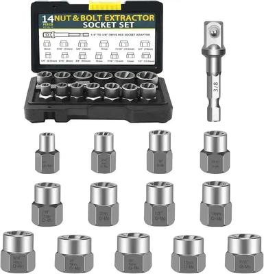 3/8” Drive Impact Bolt Nut Extractor Set, 13 Pcs Lug Nut Remover Kit 1/4”-3/4” Twist Socket Tool Set with a 1/4” Hex Drive To 3/