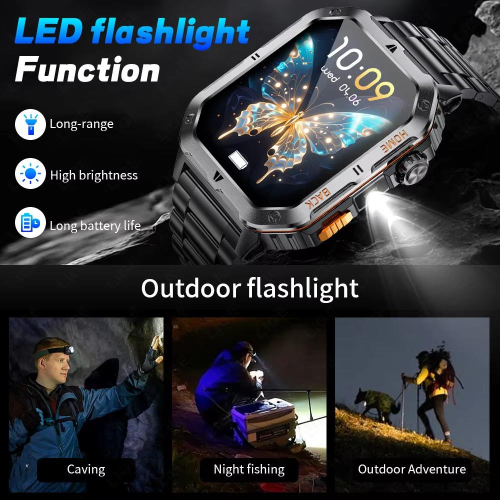 Rugged Military 1000mAh Smart Watch Men Outdoor Flashlight  Watch 2.01" HD Touch Screen Voice Bluetooth Call Smartwatch NEW