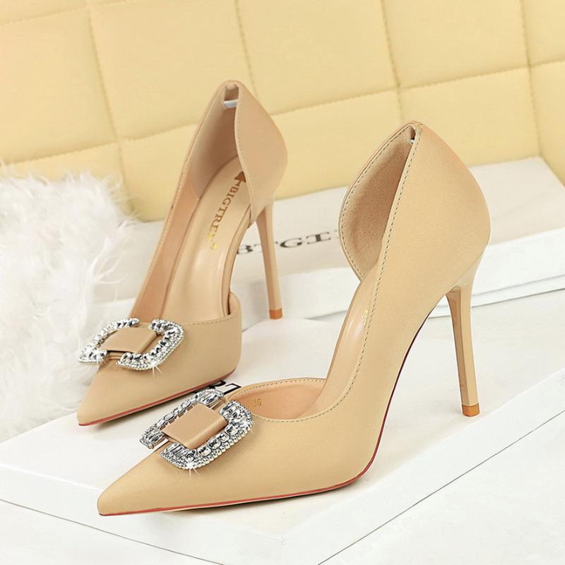 Side Empty Pointed Toe Shallow Mouth Women's Shoes Rhinestone Buckle Slim Heels High Heels Super High Heels Satin Single Shoes