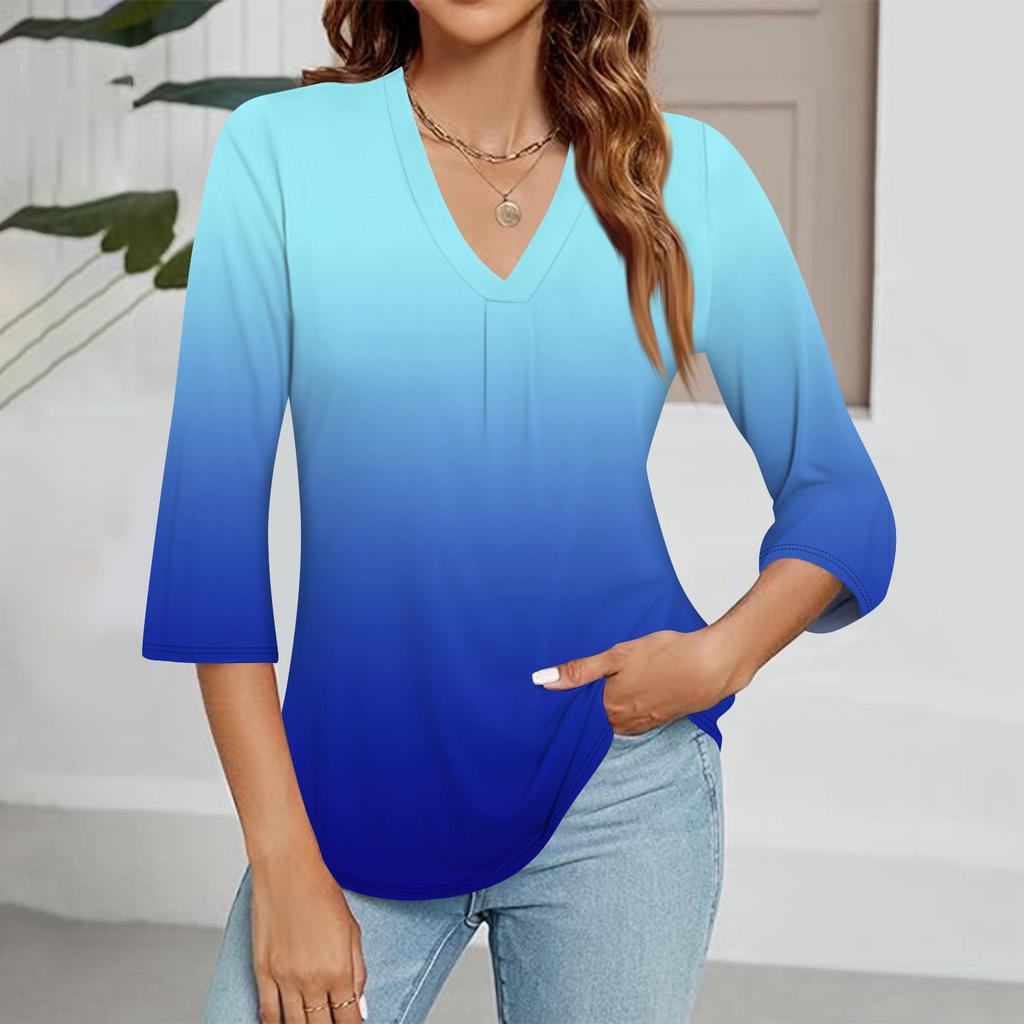 Women's V-neck Gradient Print Three-quarter Sleeve Fashion Top