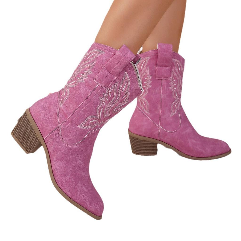 2025 New Western Cowboy Boots Knight Boots Women's Medium Tube Embroidery Retro Pointed Thick Heel Medium Tube Cotton Spot