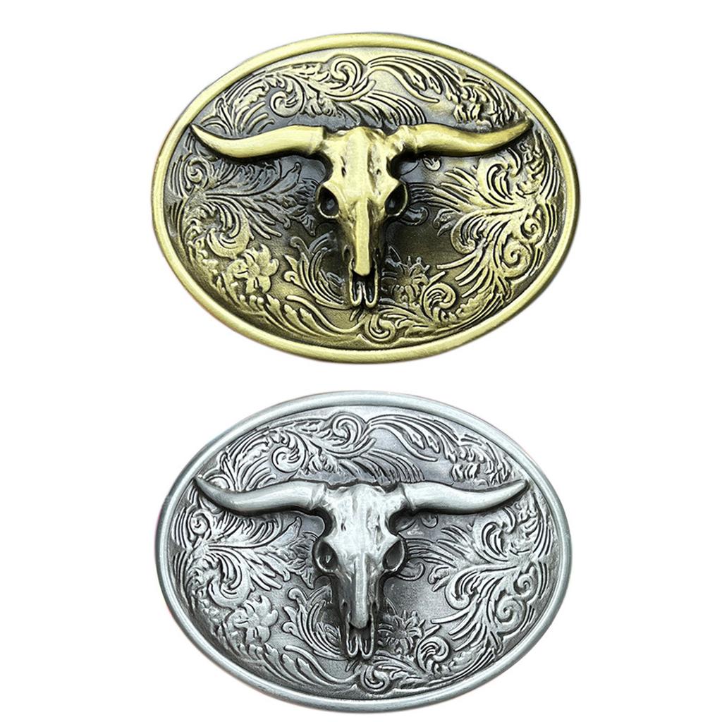 Vintage Carved Floral Pattern Belt Buckle Metal Adult Bull Head Shape Buckle Replacement DIY Craft Belt Oval Buckle