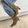 Korean version of niche suede face square head middle heel thin boots women's 2025 autumn and winter velvet western cowboy boots short boots
